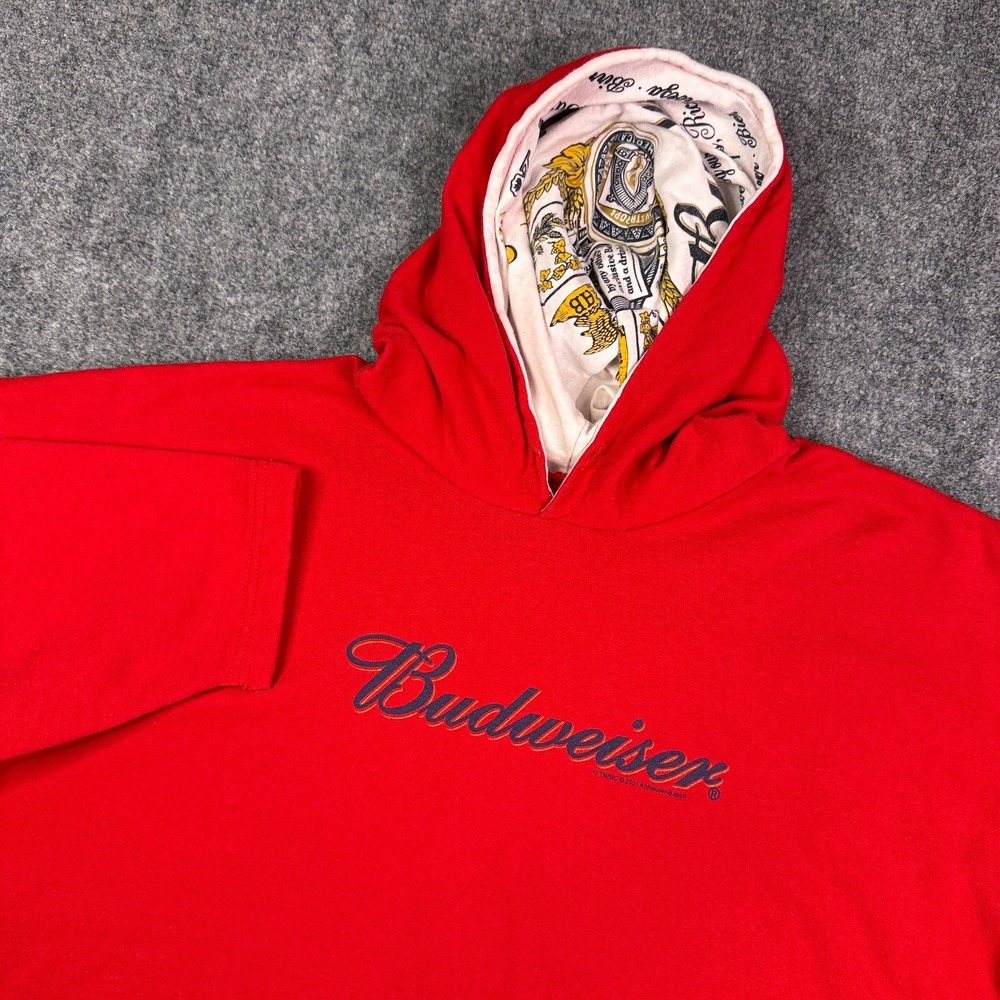 Budweiser Hoodie Size 2XL Vintage 2001 Calhoun Red Beer Graphic Lined Hood Y2K